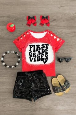 "Pre-K - Fifth Grade Vibes" Sequin Short Set -Children's boutique clothing 1stgradeVibesredsequinshortset