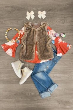 2 Piece - Rust Floral Fur Vest Set