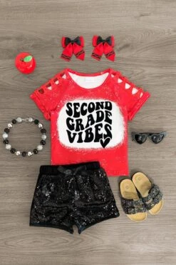 "Pre-K - Fifth Grade Vibes" Sequin Short Set -Children's boutique clothing 2ndgradeVibesredsequinshortset