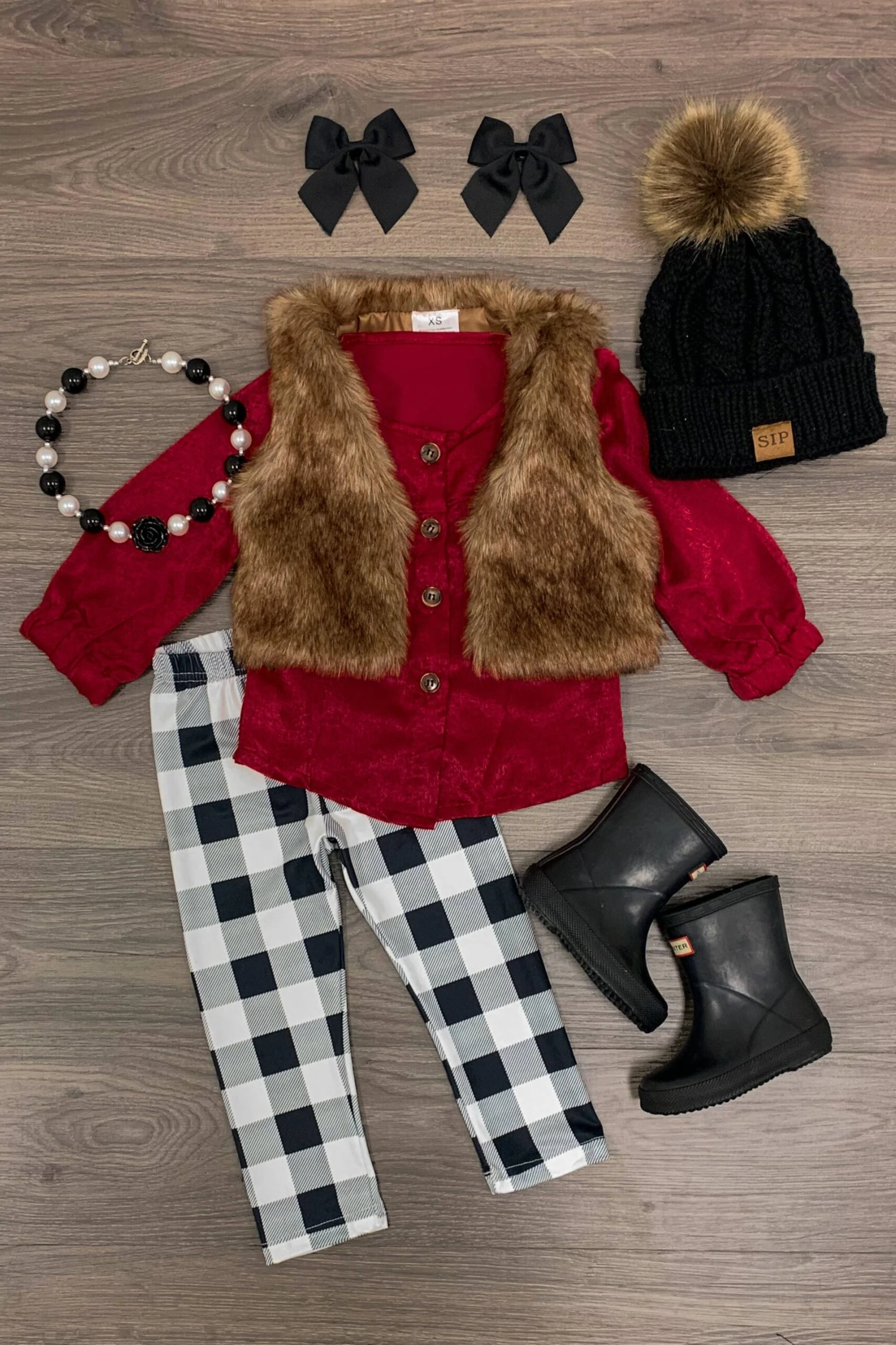 3 Piece - Olivia Fur Vest Set - Burgundy/Buffalo Plaid 3 3 Piece - Olivia Fur Vest Set - Burgundy/Buffalo Plaid