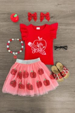 "Pre-K - 4th Grade" Pink Apple Tutu Skirt Set -Children's boutique clothing 4th sequin apple skirt