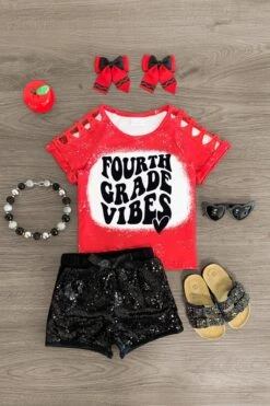 "Pre-K - Fifth Grade Vibes" Sequin Short Set -Children's boutique clothing 4thgradeVibesredsequinshortset