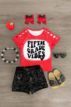 "Pre-K - Fifth Grade Vibes" Sequin Short Set -Children's boutique clothing 5thgradeVibesredsequinshortset
