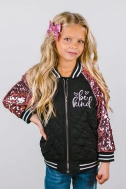 "Be Kind" Black & Pink Sequin Bomber Jacket -Children's boutique clothing BU2A1071 2
