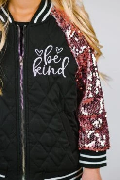 "Be Kind" Black & Pink Sequin Bomber Jacket -Children's boutique clothing BU2A1082 2