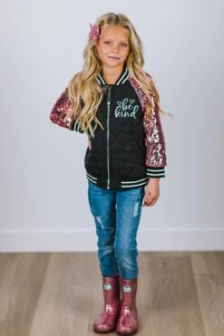 "Be Kind" Black & Pink Sequin Bomber Jacket -Children's boutique clothing BU2A1151 2