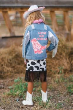 Cowgirl "Lets Go Girls" Silver Fringe Denim Jacket 35 Cowgirl "Lets Go Girls" Silver Fringe Denim Jacket -Children's boutique clothing BU2A6992