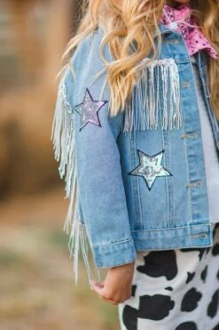 Cowgirl "Lets Go Girls" Silver Fringe Denim Jacket 25 Cowgirl "Lets Go Girls" Silver Fringe Denim Jacket -Children's boutique clothing BU2A7346