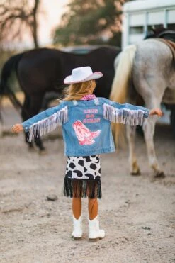 Cowgirl "Lets Go Girls" Silver Fringe Denim Jacket 36 Cowgirl "Lets Go Girls" Silver Fringe Denim Jacket -Children's boutique clothing BU2A8011