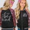 "Be Kind" Black & Pink Sequin Bomber Jacket