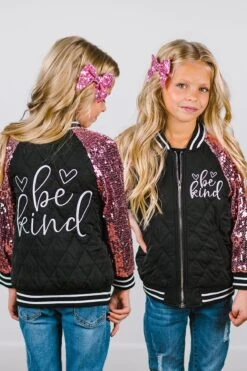 "Be Kind" Black & Pink Sequin Bomber Jacket