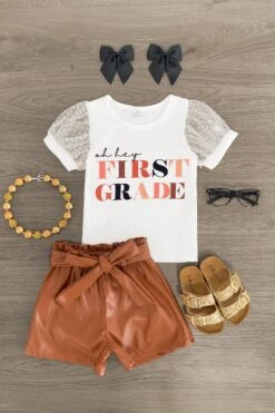 "Oh Hey Pre-K - 6th Grade" Pleather Short Set 14 "Oh Hey Pre-K - 6th Grade" Pleather Short Set -Children's boutique clothing FirstGradeLeatherSet