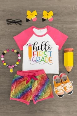 "Hello Preschool - 4th Grade" Rainbow Sequin Short Set -Children's boutique clothing FirstGrade 71f2938e 4446 437b 9b78 2d8e56937bf6