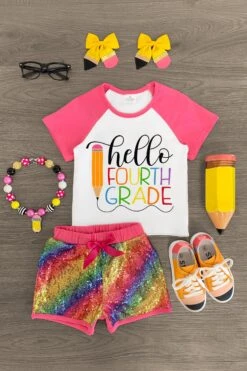 "Hello Preschool - 4th Grade" Rainbow Sequin Short Set -Children's boutique clothing FourthGrade
