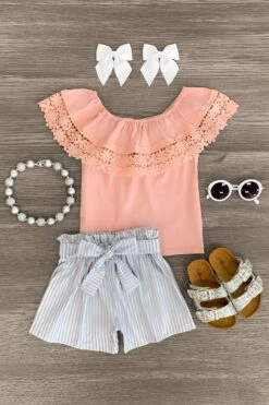 Blush Floral Lace Striped Short Set