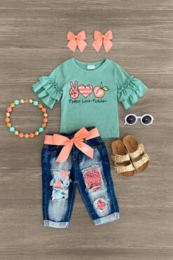 "Peace Love Peaches" Sequin Denim Capri Set