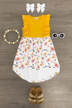White & Mustard Floral Hi-Low Dress