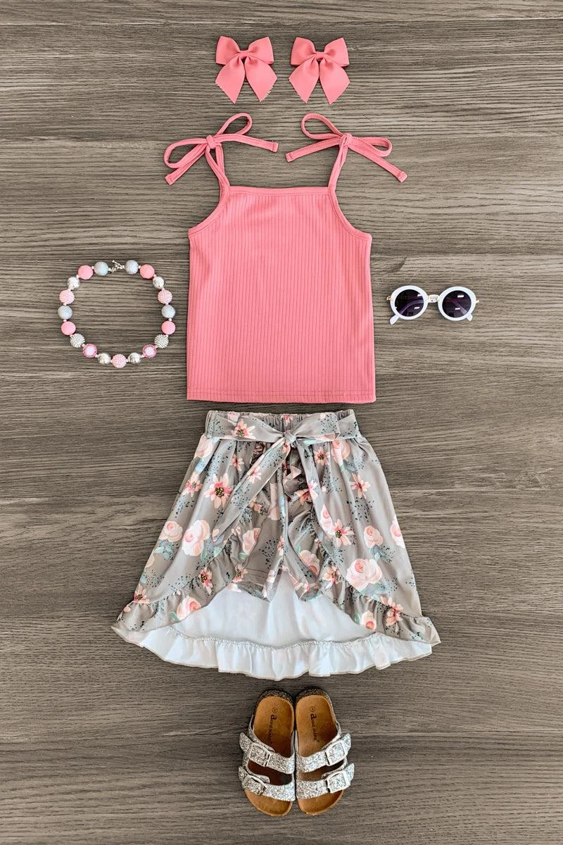 Pink & Green Floral Tie Skort Set 3 Pink & Green Floral Tie Skort Set