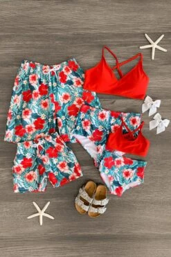 Red Tropical Family Swimsuits
