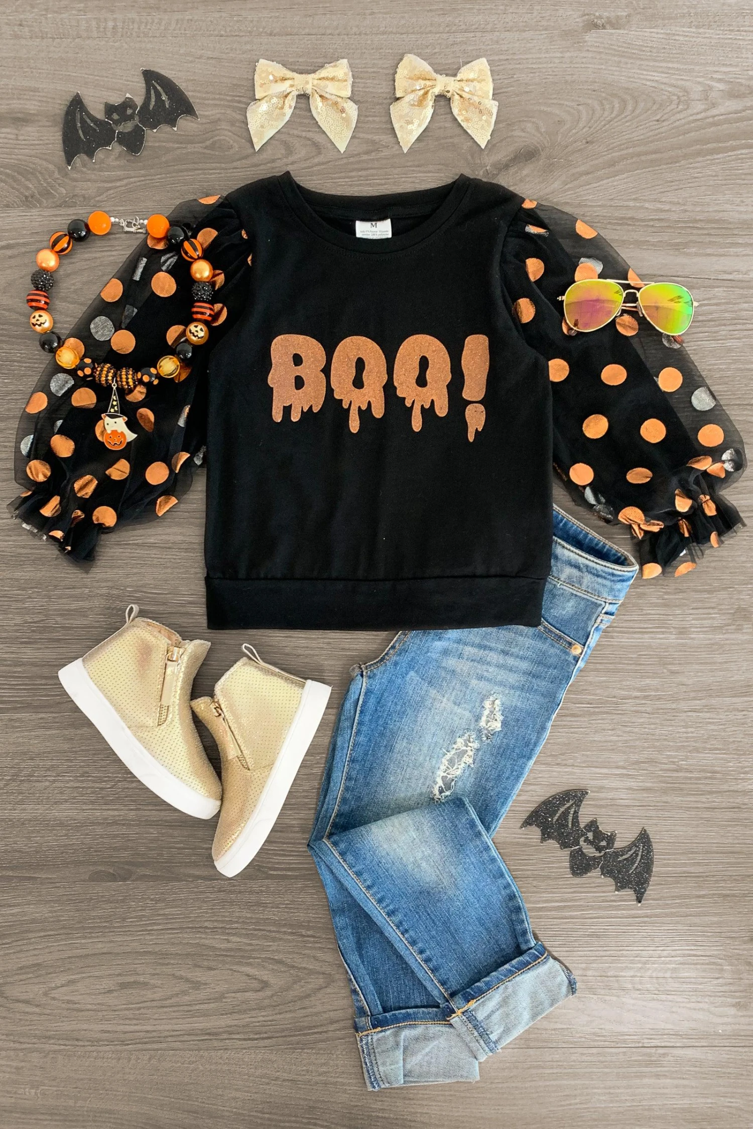 "Boo!" Black Glitter Polka Dot Puff Sleeve Top 3 "Boo!" Black Glitter Polka Dot Puff Sleeve Top