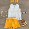 White Floral Lace Mustard Short Set