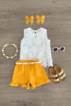 White Floral Lace Mustard Short Set