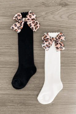 Knee High Silk Leopard Bow Socks -Children's boutique clothing IMG 2664 Edit
