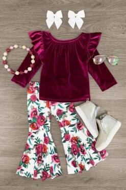 Plum Velvet Floral Bell Bottom Set