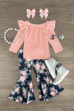 Pink Velvet Floral Bell Bottom Set