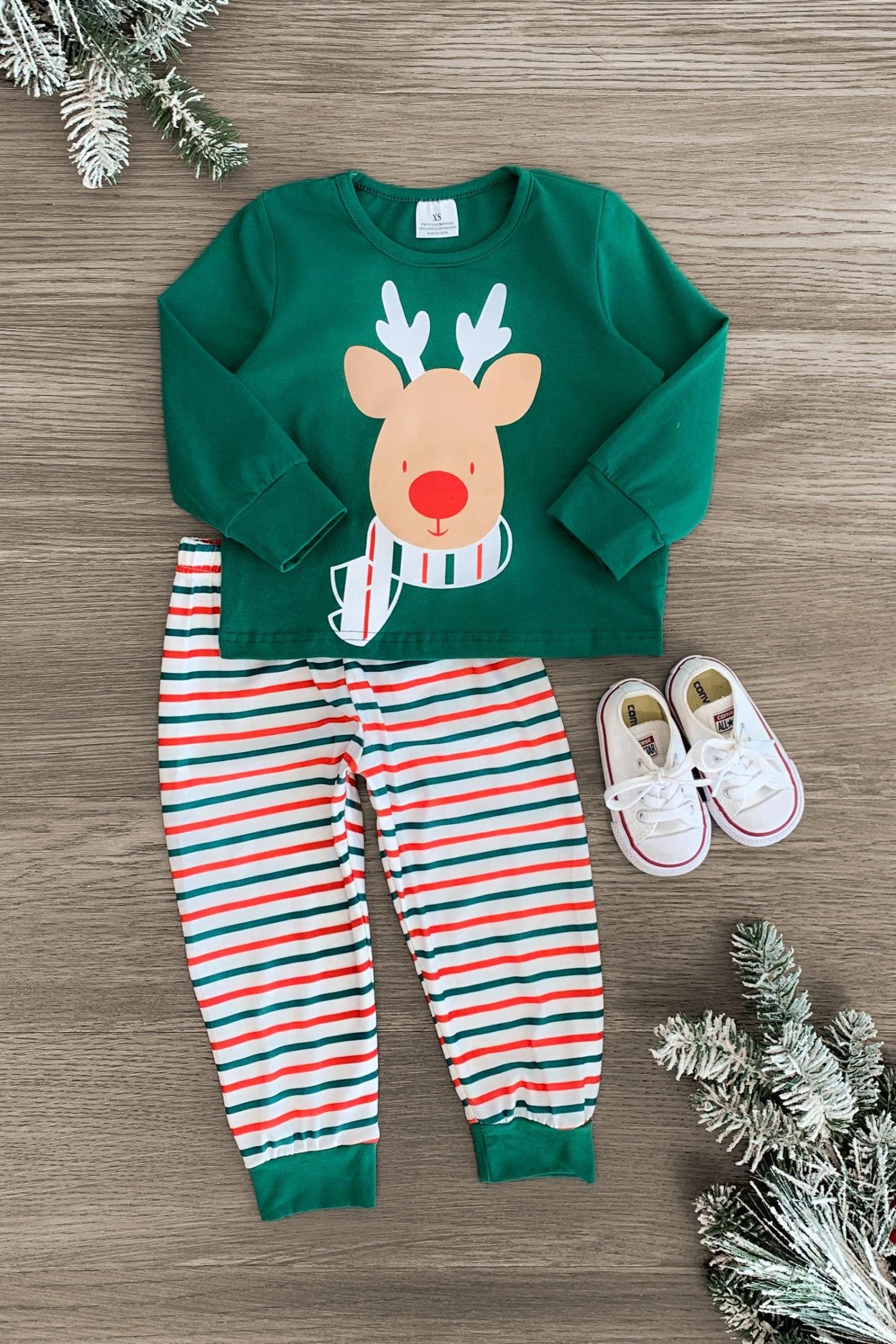 Green Striped Reindeer Pajama Set 3 Green Striped Reindeer Pajama Set