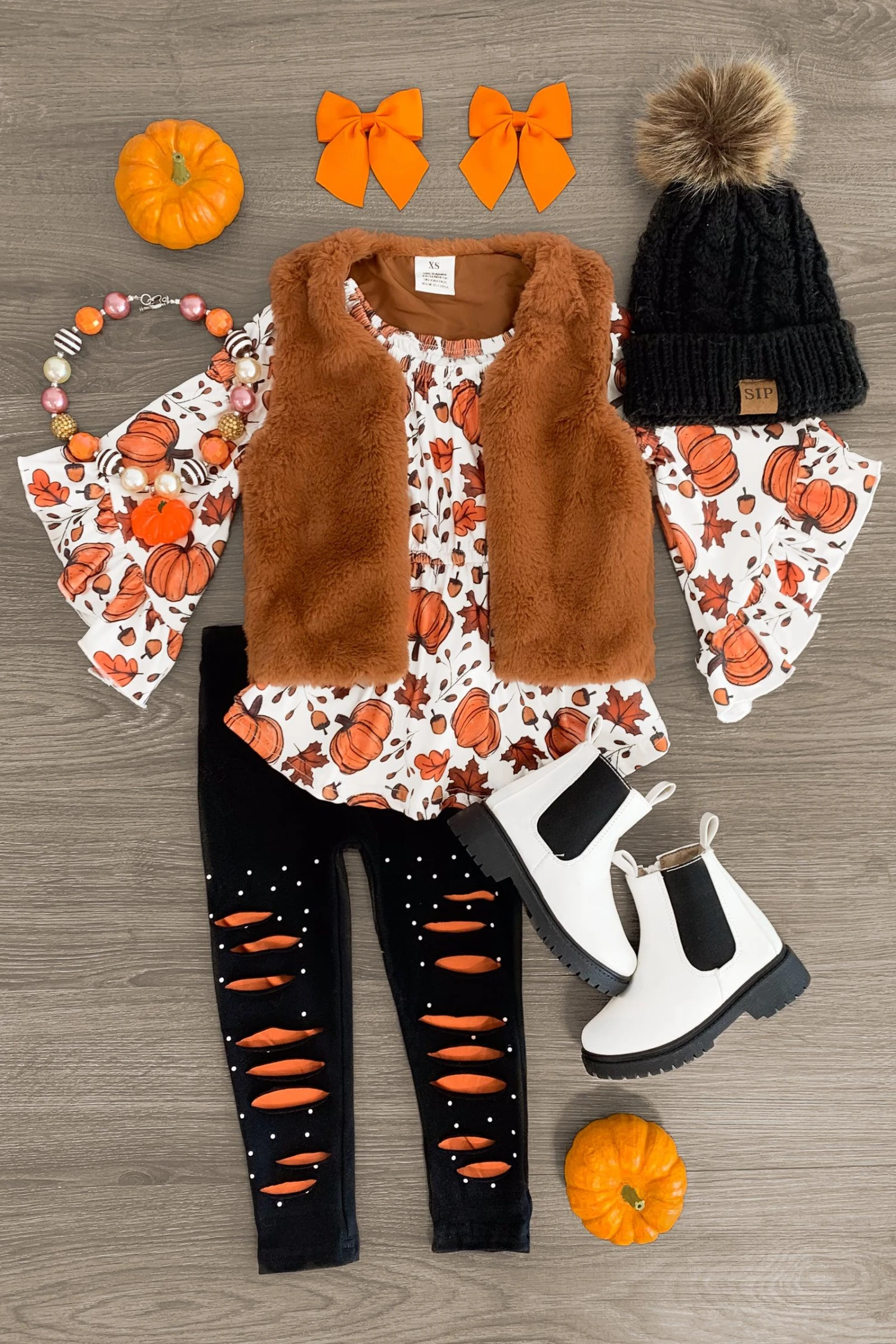 Autumn Leaves & Pumpkins Fur Vest Set - 3 Piece 3 Autumn Leaves & Pumpkins Fur Vest Set - 3 Piece