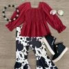 Burgundy Cow Print Bell Bottom Set -Children's boutique clothing IMG 3239 Edit