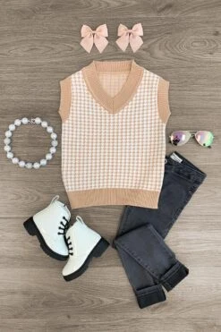 Tan Houndstooth Sweater Vest