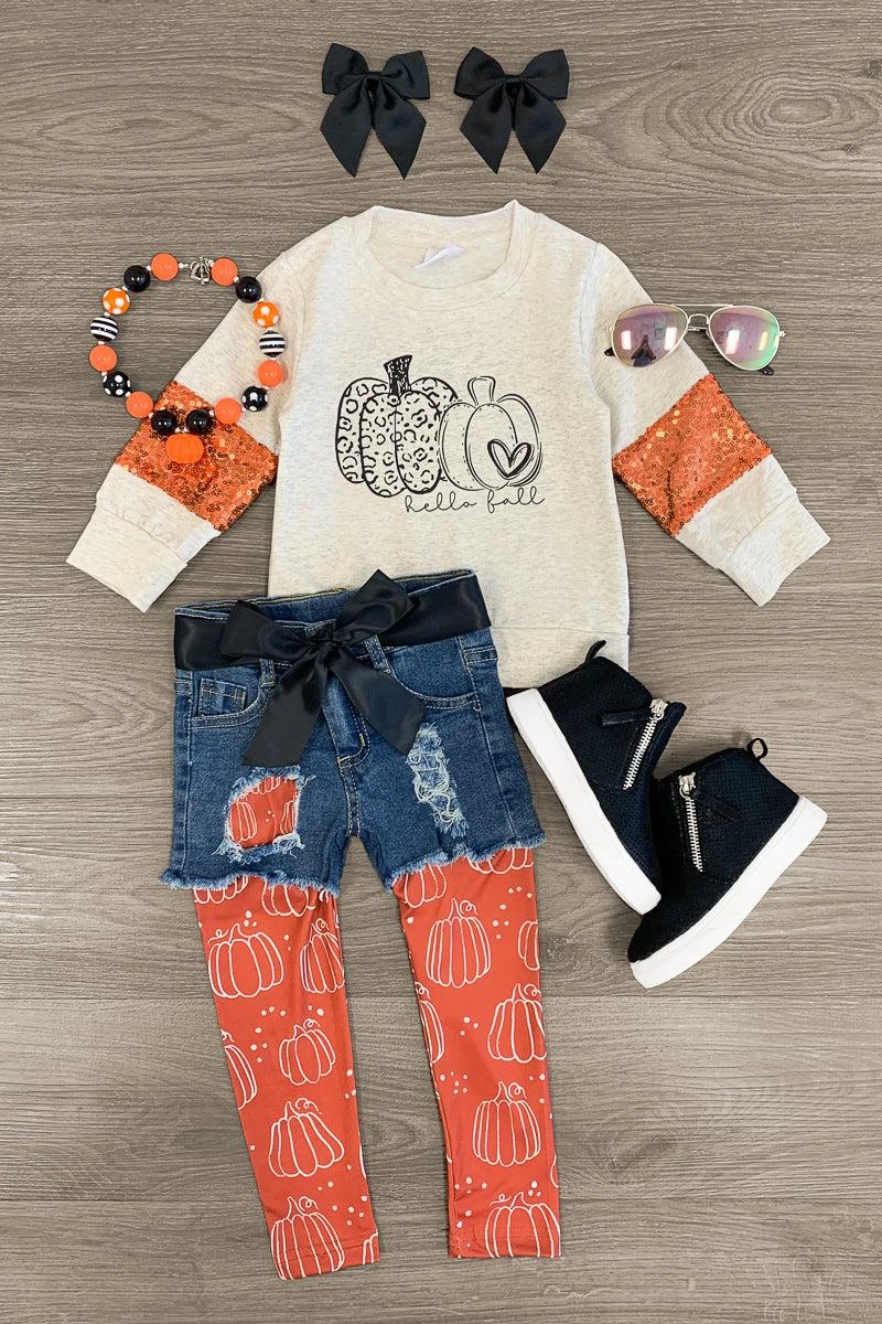 "Hello Fall" Orange Legging & Denim Short Set 3 "Hello Fall" Orange Legging & Denim Short Set