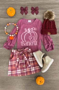 "Thankful" Plum Plaid Skirt Set