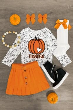 "Thankful" White & Orange Pumpkin Skirt Set