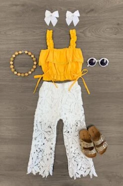 Mustard & White Floral Lace Pant Set