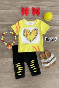 Softball Heart Distressed Capri Set