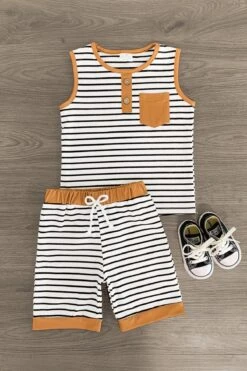 White & Tan Striped Short Set
