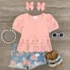 Pink Painted Rose Denim Short Set
