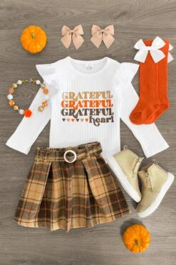 "Grateful Heart" Brown Plaid Skirt Set