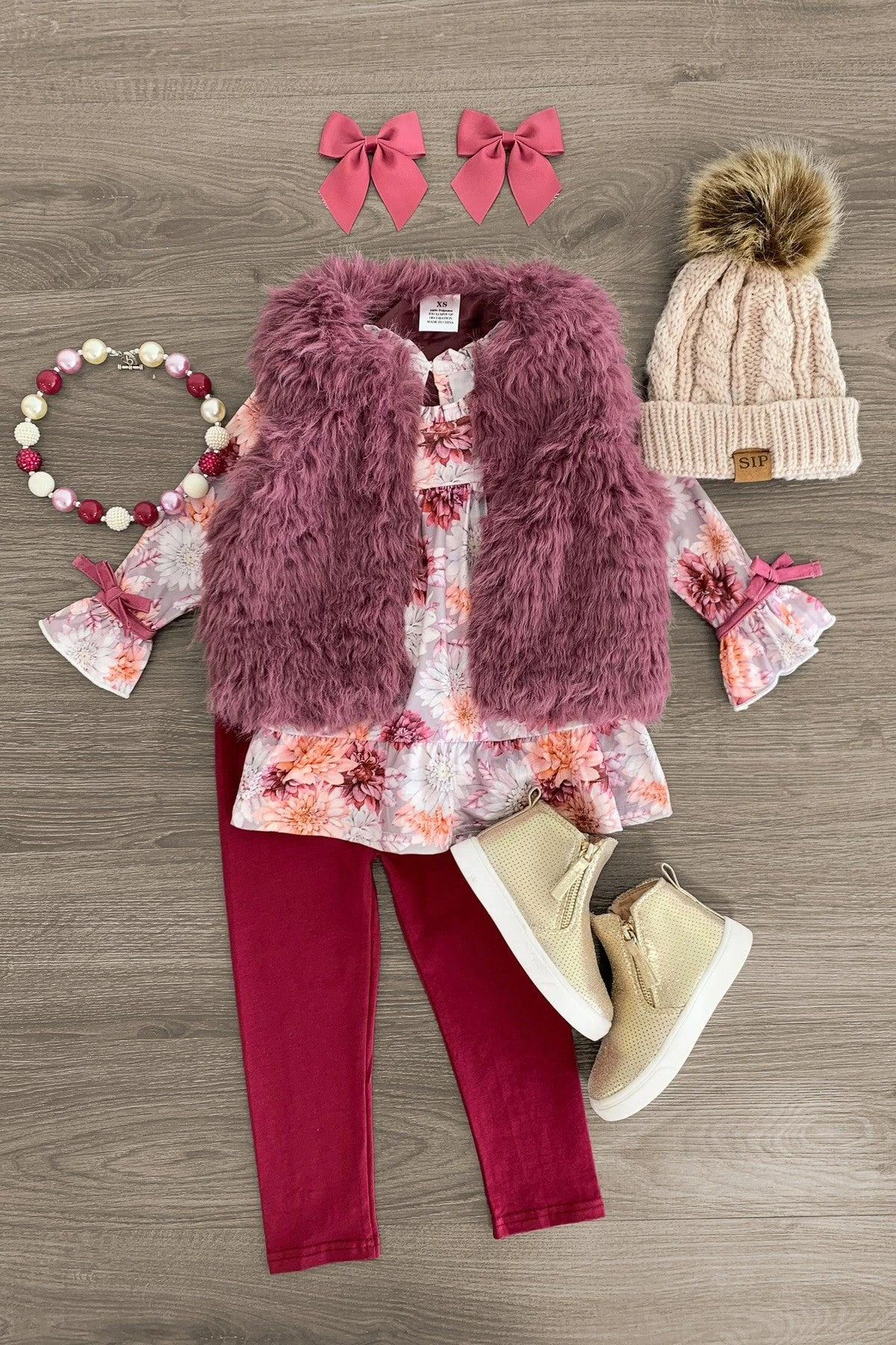 Plum Floral Fur Vest Set - 3 Piece 2 Plum Floral Fur Vest Set - 3 Piece
