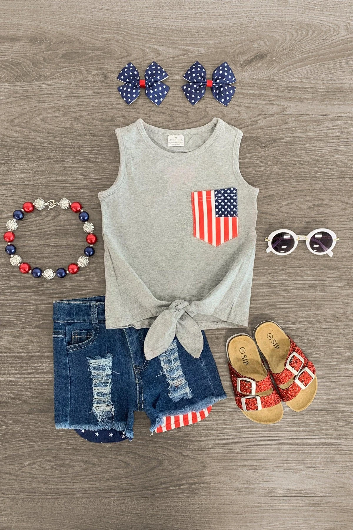 American Flag Pocket Tie Top Denim Short Set 3 American Flag Pocket Tie Top Denim Short Set