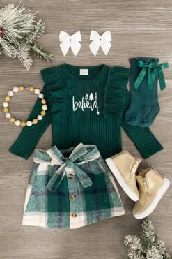 "Believe" Green Flannel Skirt Set