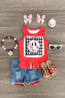 "Baseball" Fringe & Sequin Denim Short Set