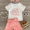 "Here Comes The Sun" Cream & Coral Short Set -Children's boutique clothing IMG 5609 Edit