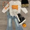 "Cozy Vibes" Pumpkin Bell Bottom Denim Set -Children's boutique clothing IMG 5708 Edit