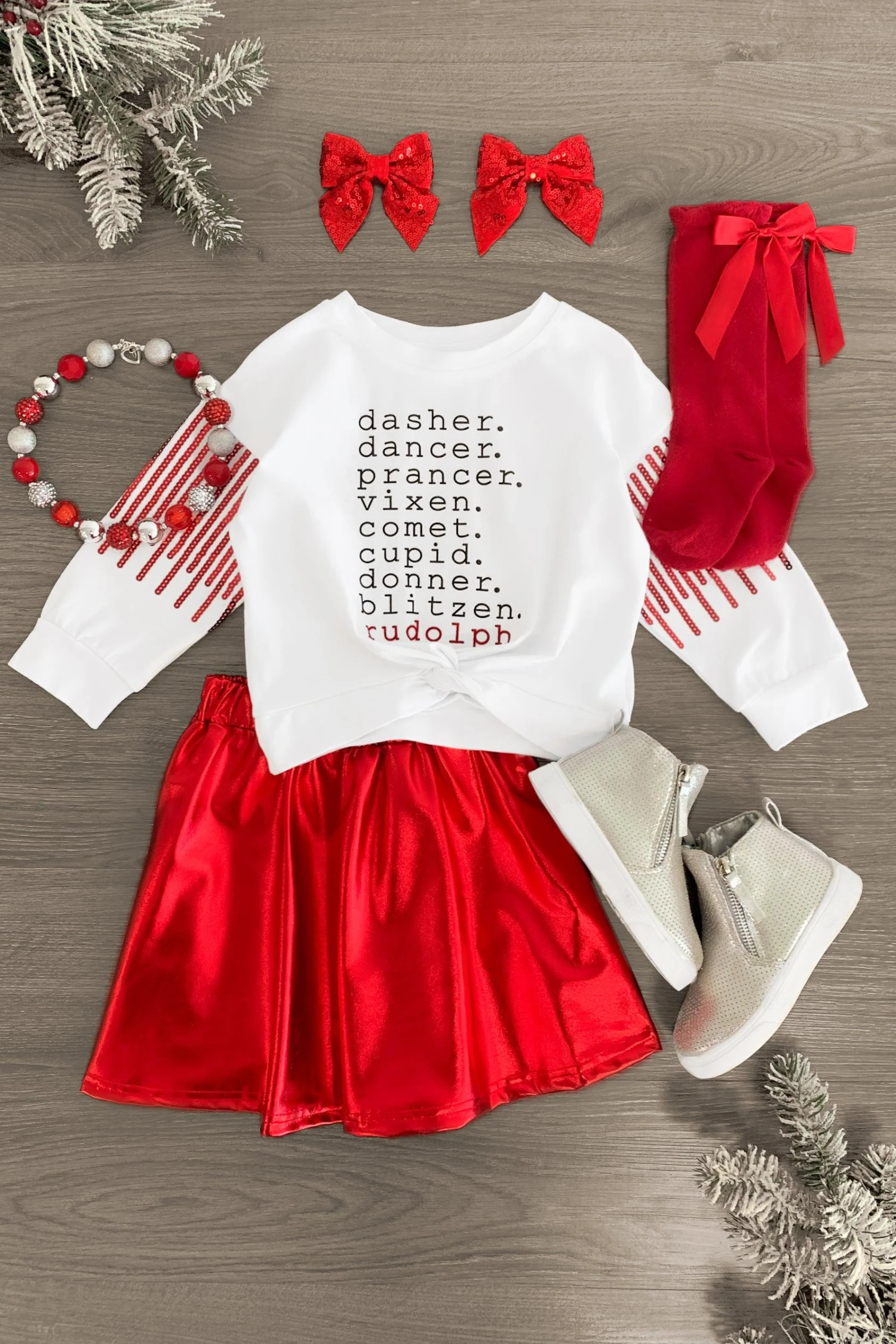 "Dasher, Dancer..." Red Metallic Skirt Set 3 "Dasher, Dancer..." Red Metallic Skirt Set