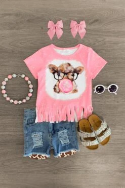 Pink Bubblegum Cow Denim Short Set
