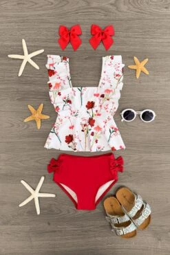 White & Red Floral Ruffle Swimsuit Set